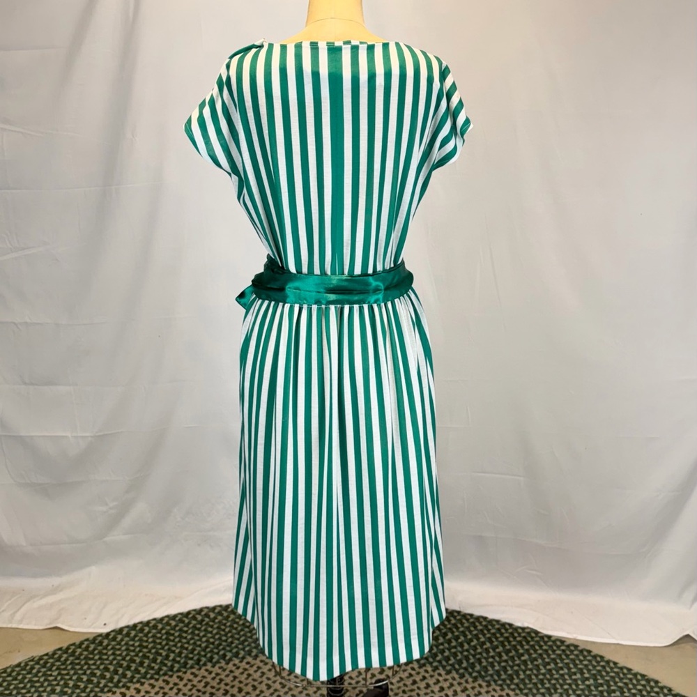 VINTAGE 80s green white stripe dress midi short cap sleeve belted waist nautical - Picture 5 of 11